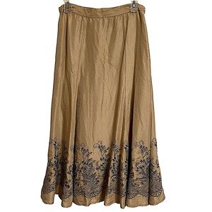 Sundance Camel & Silver Gray Embroidered Silk Boho Full Midi Skirt Size 4